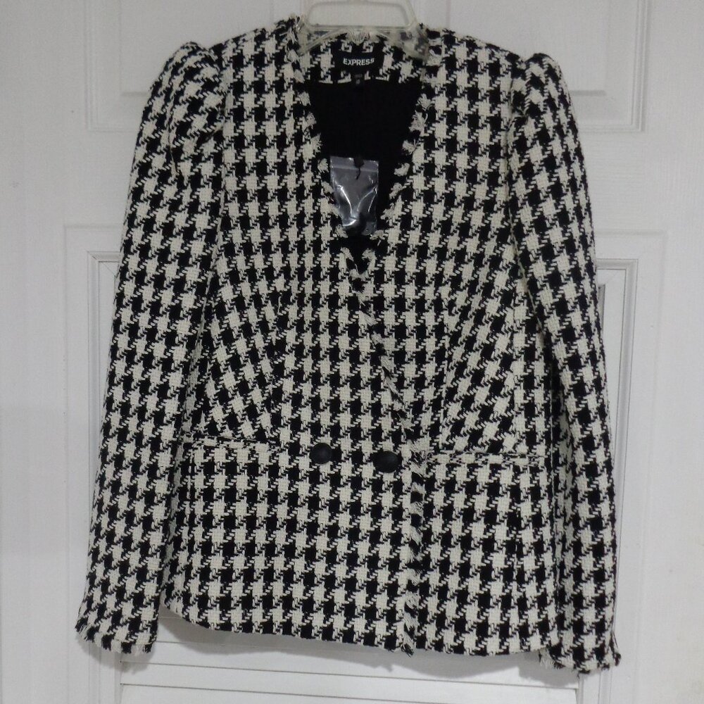 Express Women's Tweed Black and white Plaid Collarless Blazer Jacket Size XS